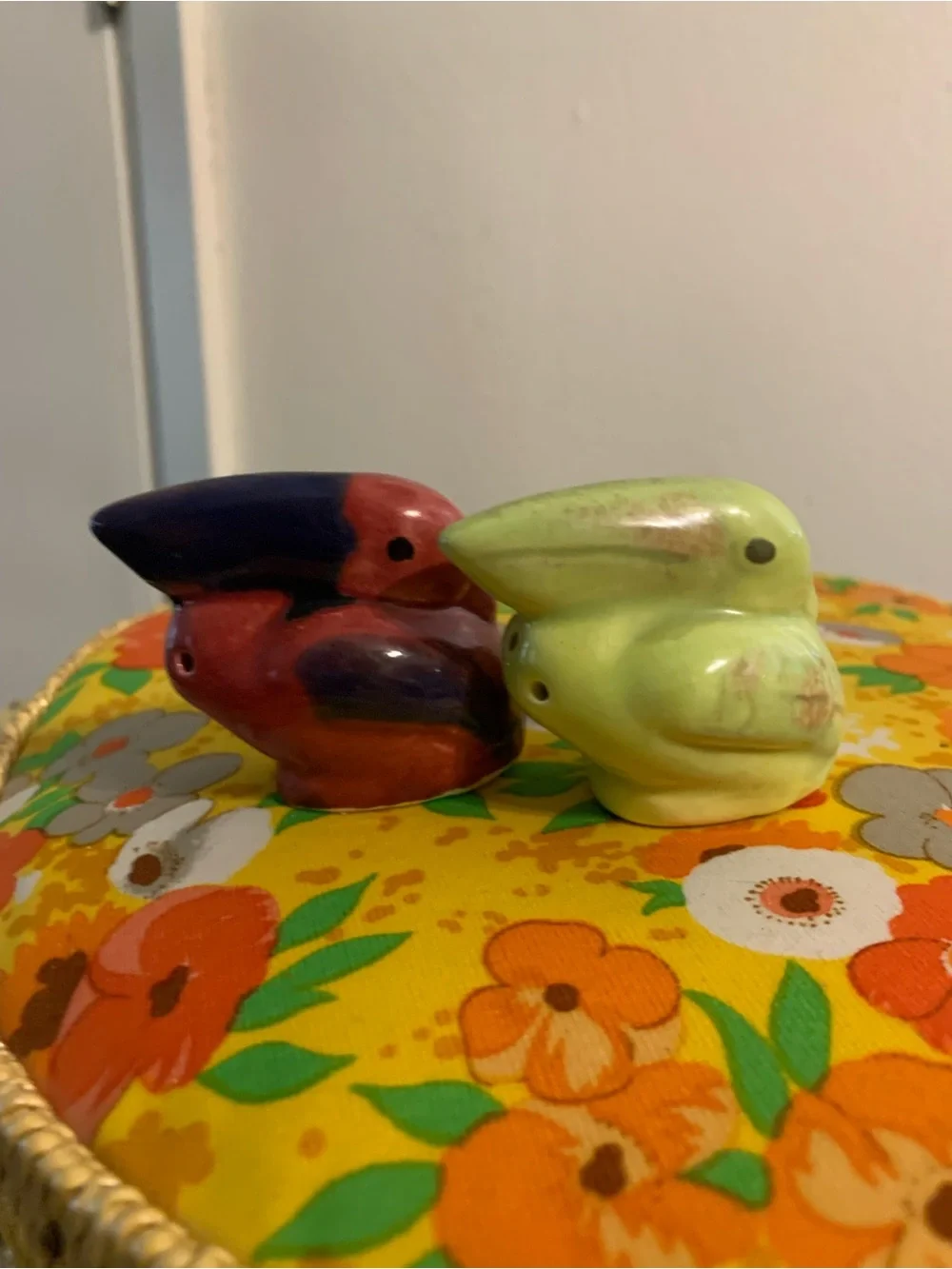 Ceramic Bird Salt & Pepper Shakers - Green and Red Purple